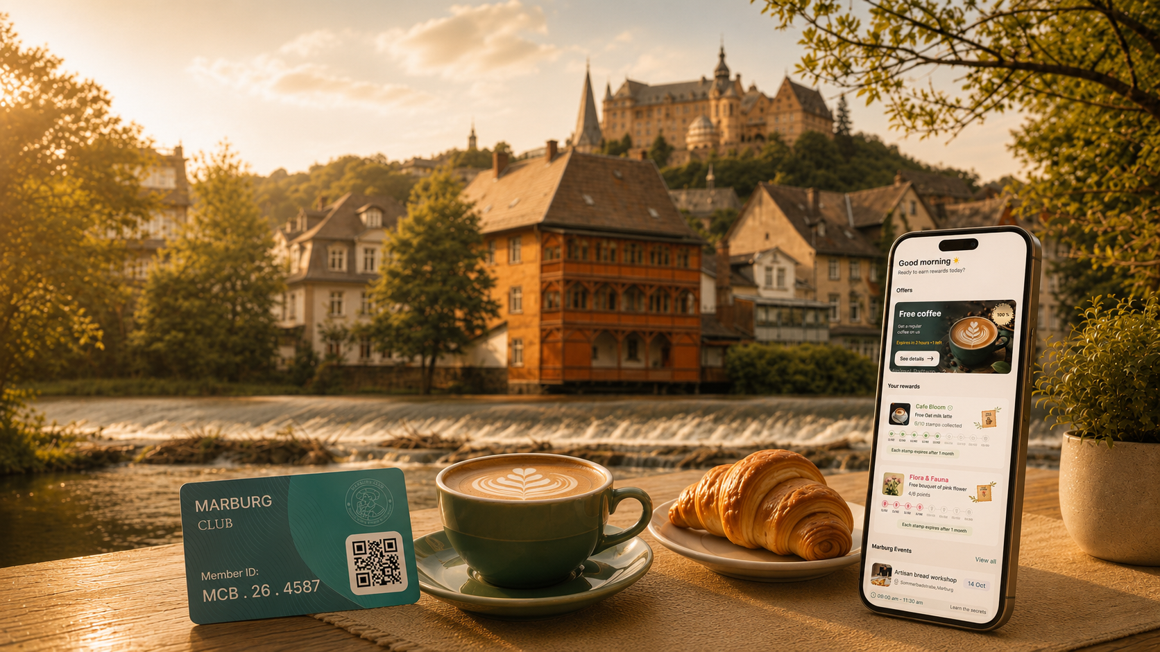 A Marburg riverside table at golden hour with the Marburg.Club app, loyalty card and stamp QR, the old town and castle behind