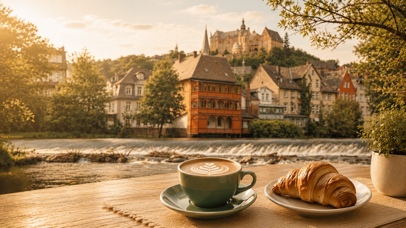 Students with coffee by the Lahn river in Marburg's old town